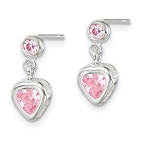 Sterling Silver Polished Pink Heart CZ Post Dangle Earrings view 2