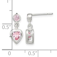 Sterling Silver Polished Pink Heart CZ Post Dangle Earrings view 4