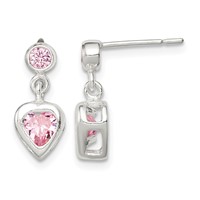 Sterling Silver Polished Pink Heart CZ Post Dangle Earrings view 1