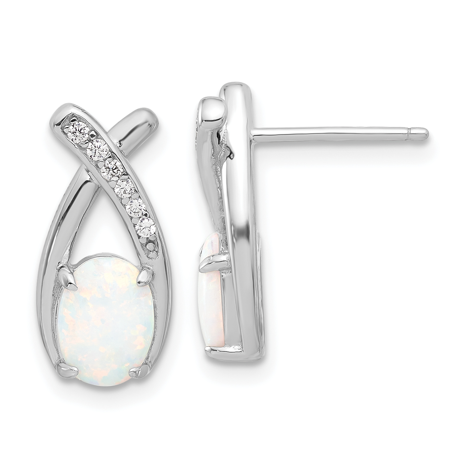 Sterling Silver Rhodium-plated Polished CZ & Created Opal 'X' Post Earrings (QE17441)