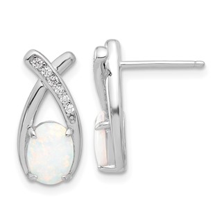 Sterling Silver Rhodium-plated Polished CZ & Created Opal 'X' Post Earrings