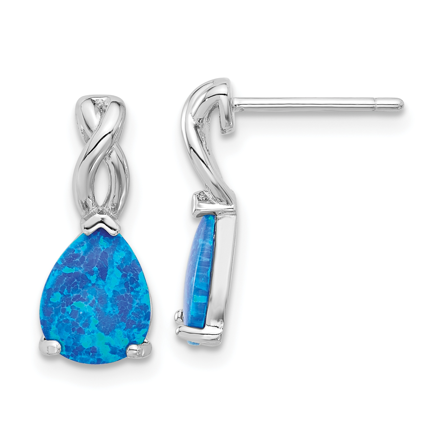 Sterling Silver RH-plated Polished Blue Cr. Opal Teardrop Post Earrings (QE17442)
