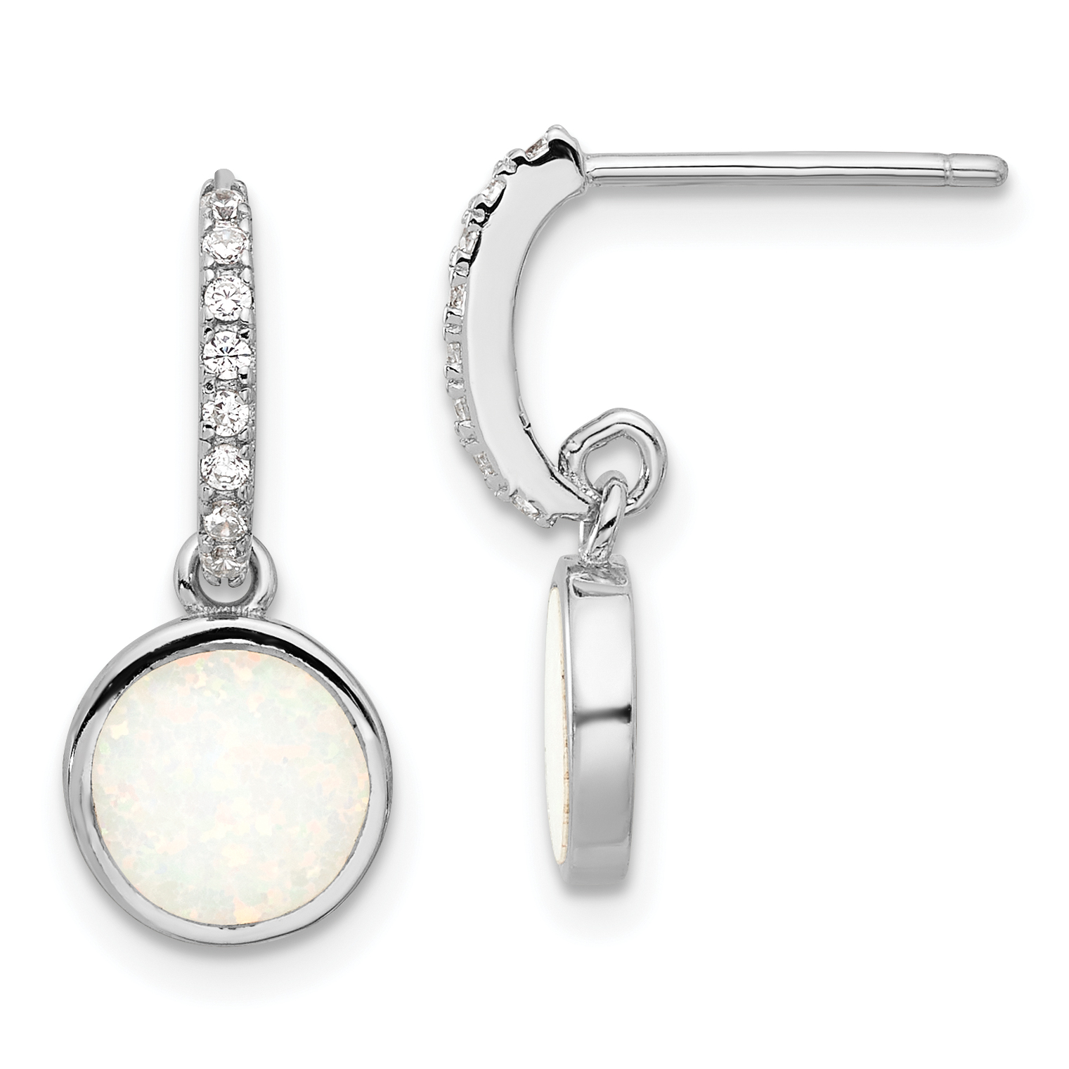 Sterling Silver RH-plated Polished CZ & Created Opal Post Dangle Earrings (QE17443)