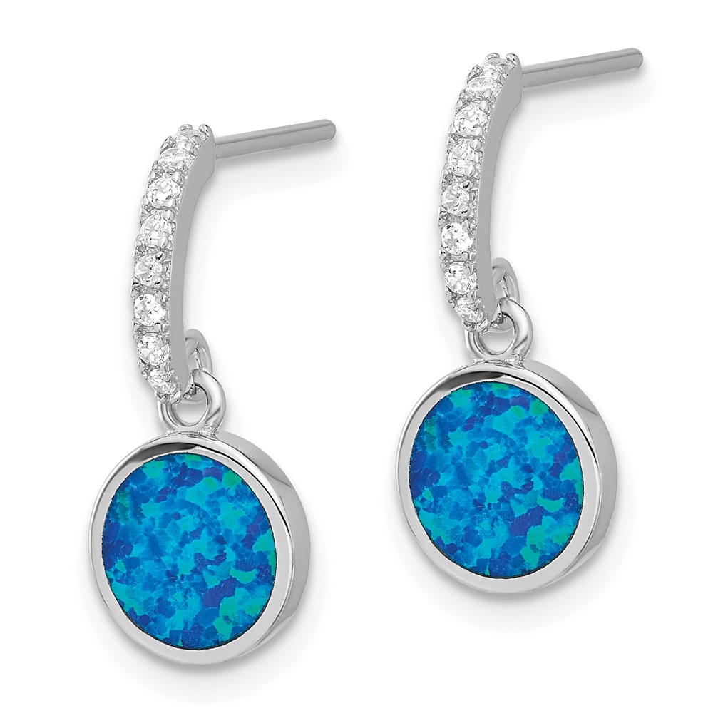 Sterling Silver RH-plated Polished CZ & Blue Cr. Opal Post Dangle Earrings (QE17444)