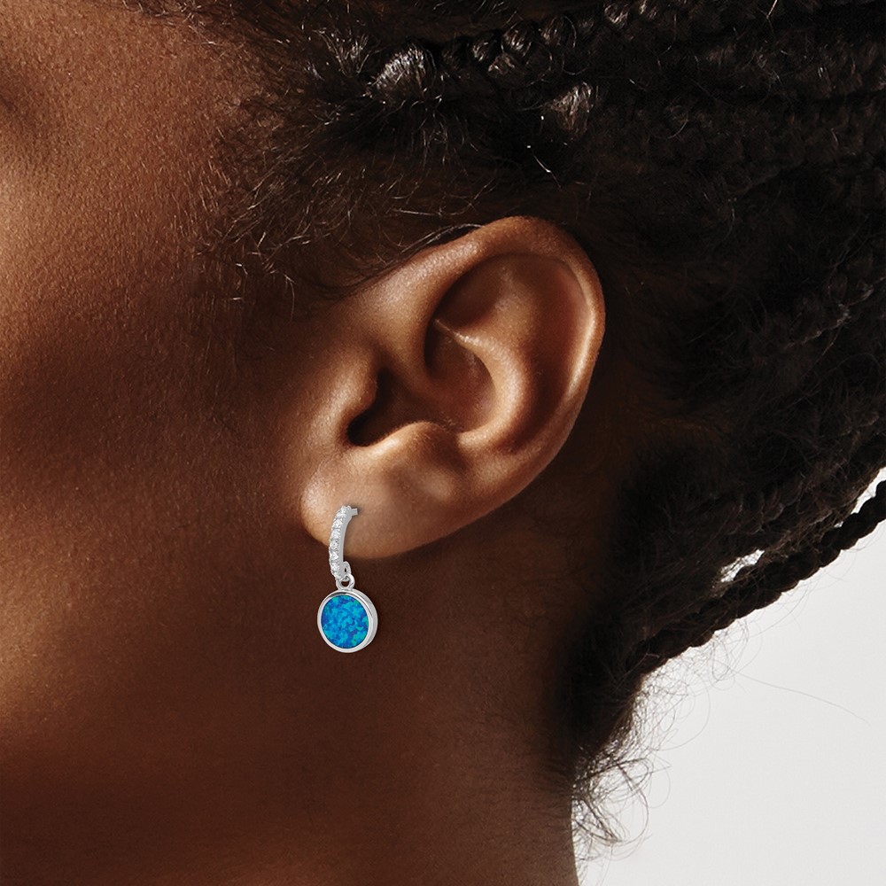 Sterling Silver RH-plated Polished CZ & Blue Cr. Opal Post Dangle Earrings (QE17444)