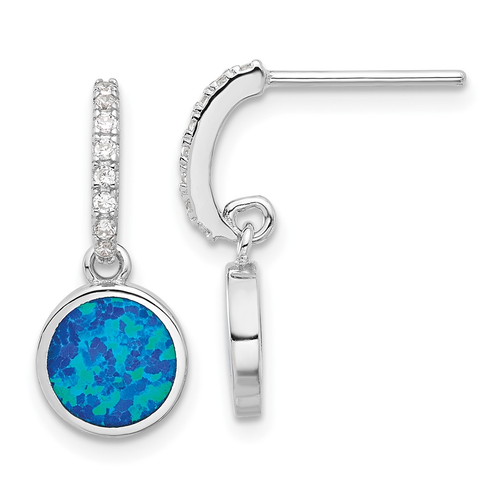 Sterling Silver RH-plated Polished CZ & Blue Cr. Opal Post Dangle Earrings (QE17444)
