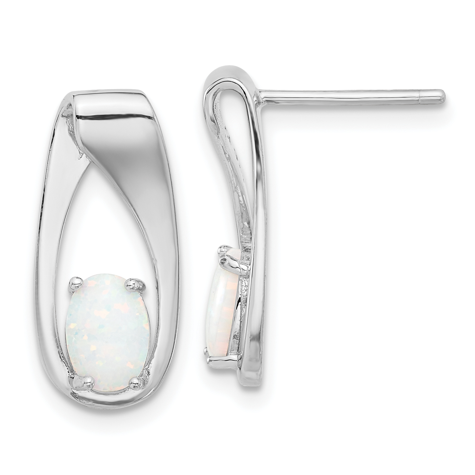 Sterling Silver Rhodium-plated Polished Created Opal Oval Post Earrings (QE17445)