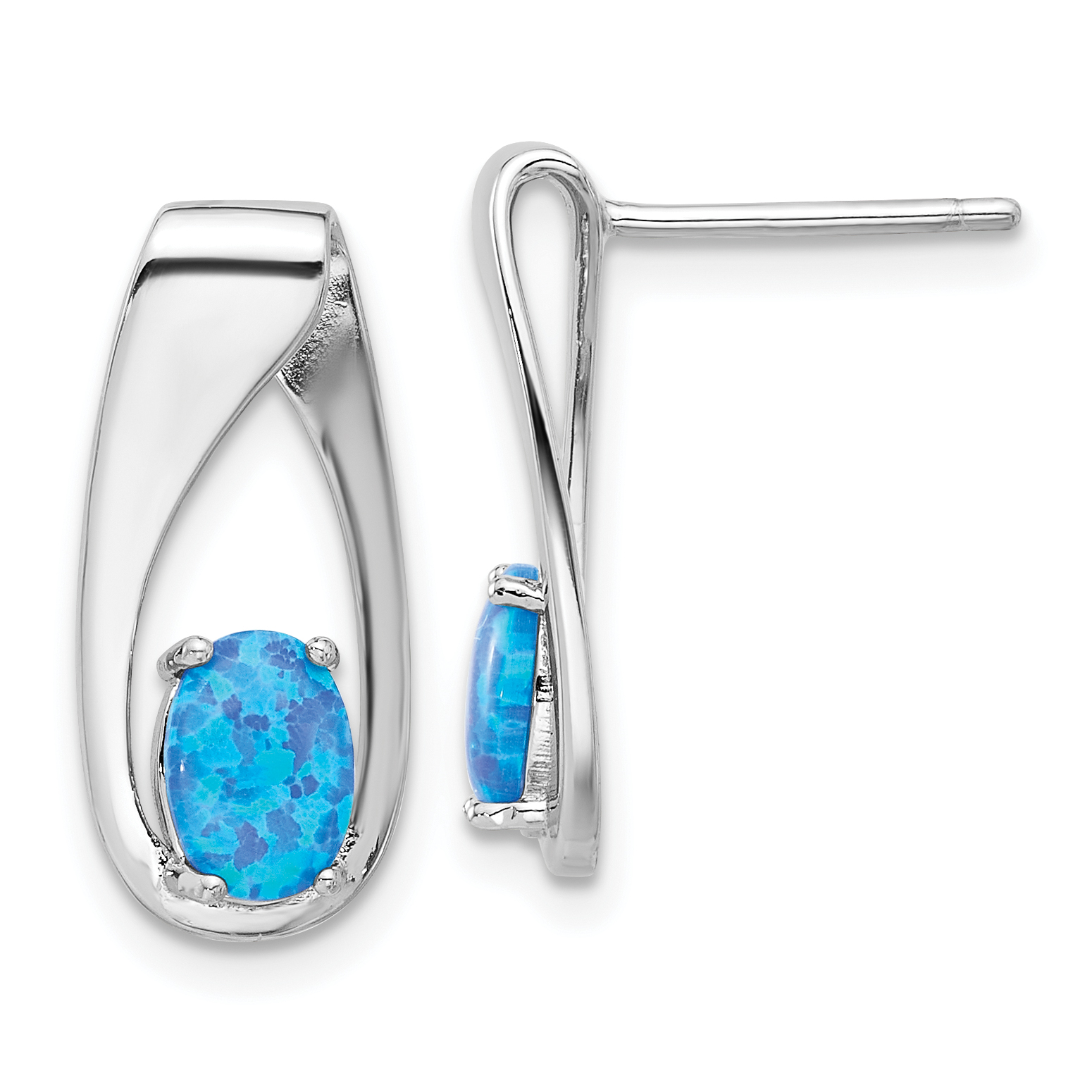 Sterling Silver Rhod-plated Polished Blue Created Opal Oval Post Earrings (QE17446)