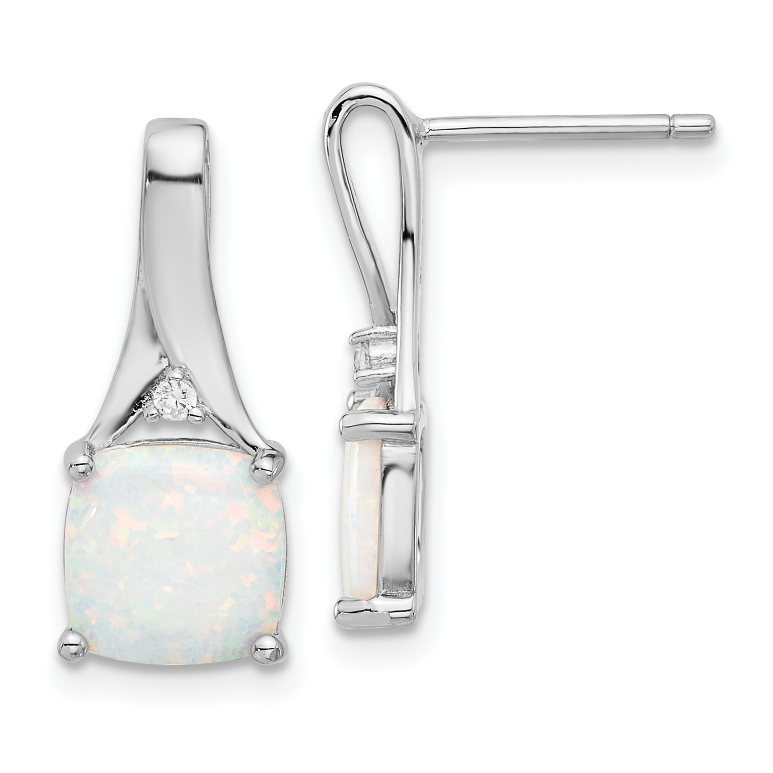 Sterling Silver Rhodium-plated Polished CZ & Created Opal Post Earrings (QE17447)