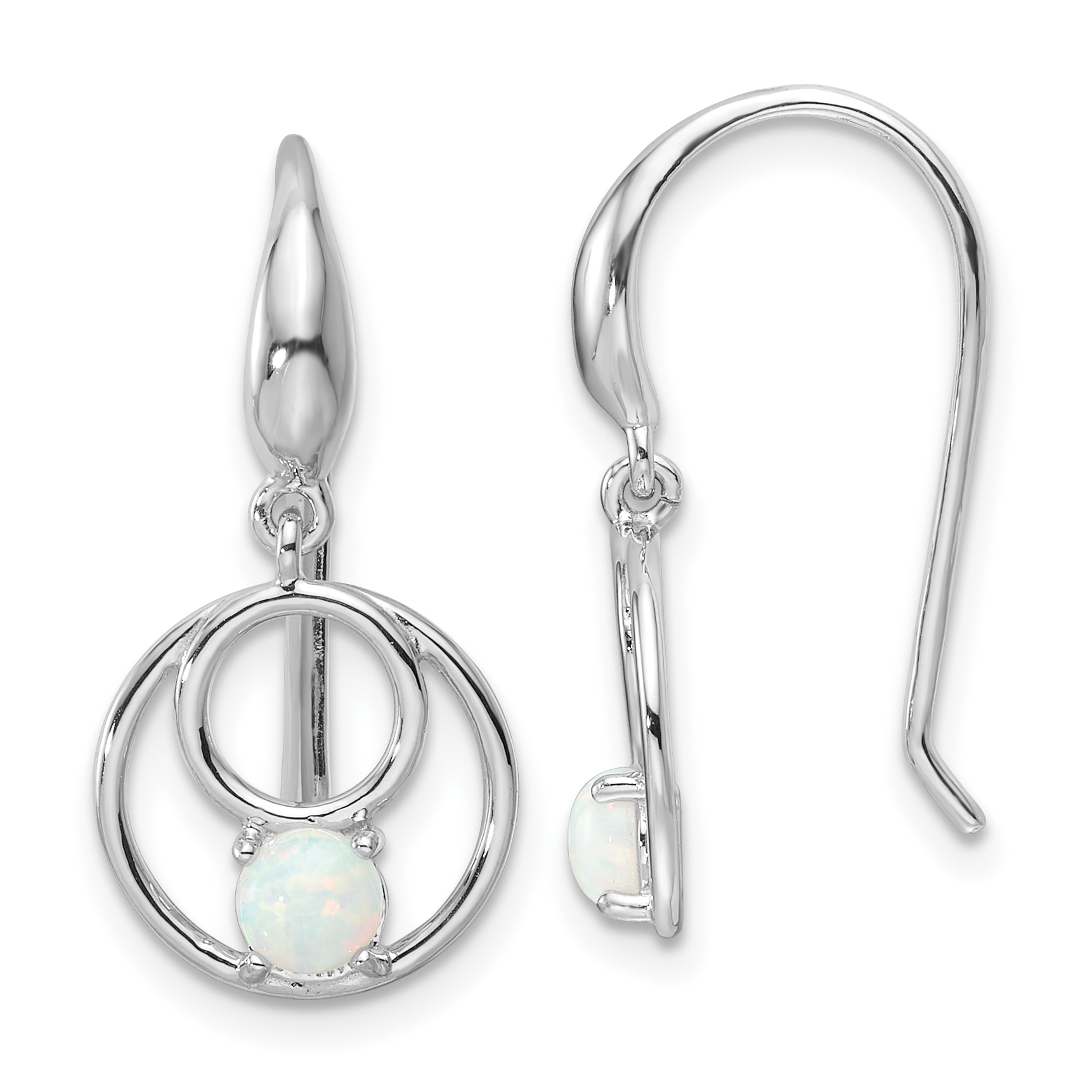 Sterling Silver Rhod-plated Polished Created Opal Circles Dangle Earrings (QE17448)