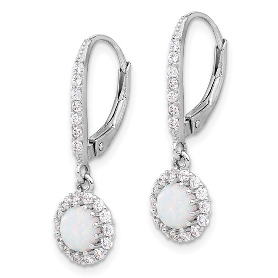 Sterling Silver RH-plated CZ & Cr. Opal Halo Dangle Leverback Earrings