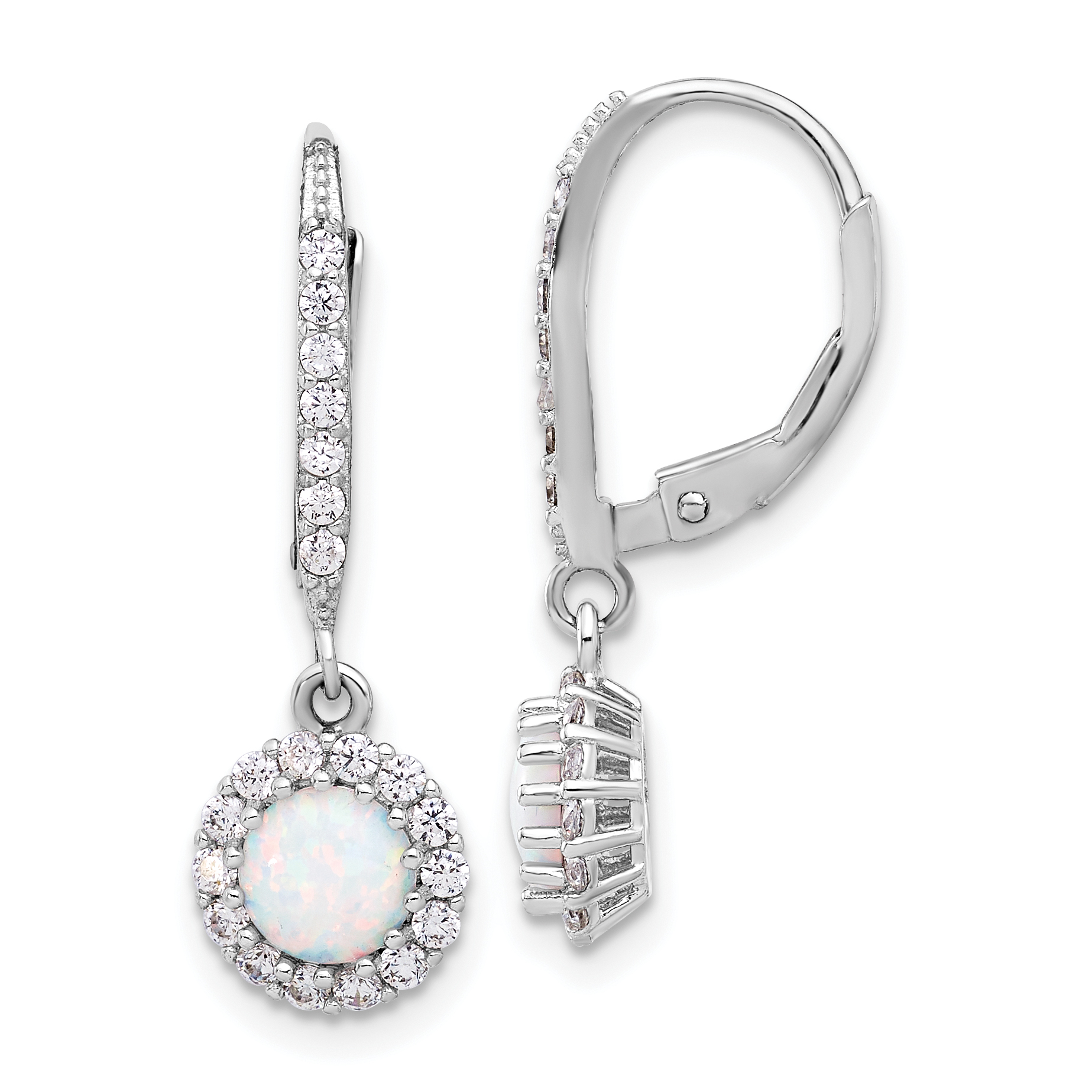 Sterling Silver RH-plated CZ & Cr. Opal Halo Dangle Leverback Earrings (QE17449)