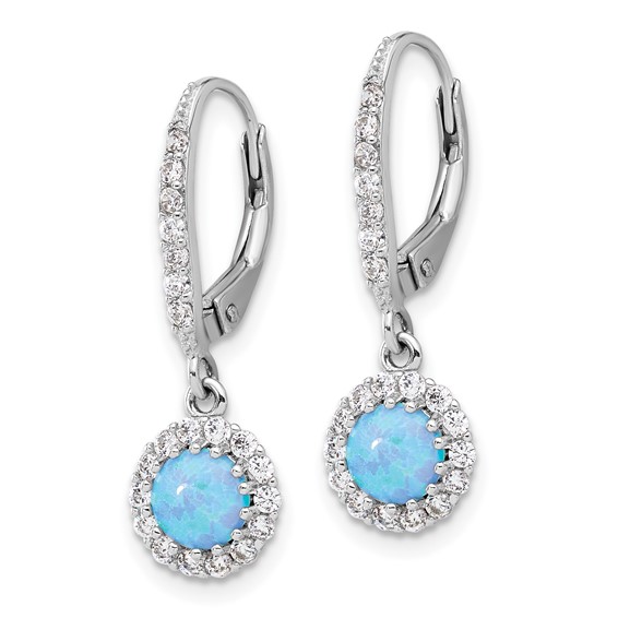 Sterling Silver RH-plated CZ & Blue Cr. Opal Halo Dangle Leverback Earrings