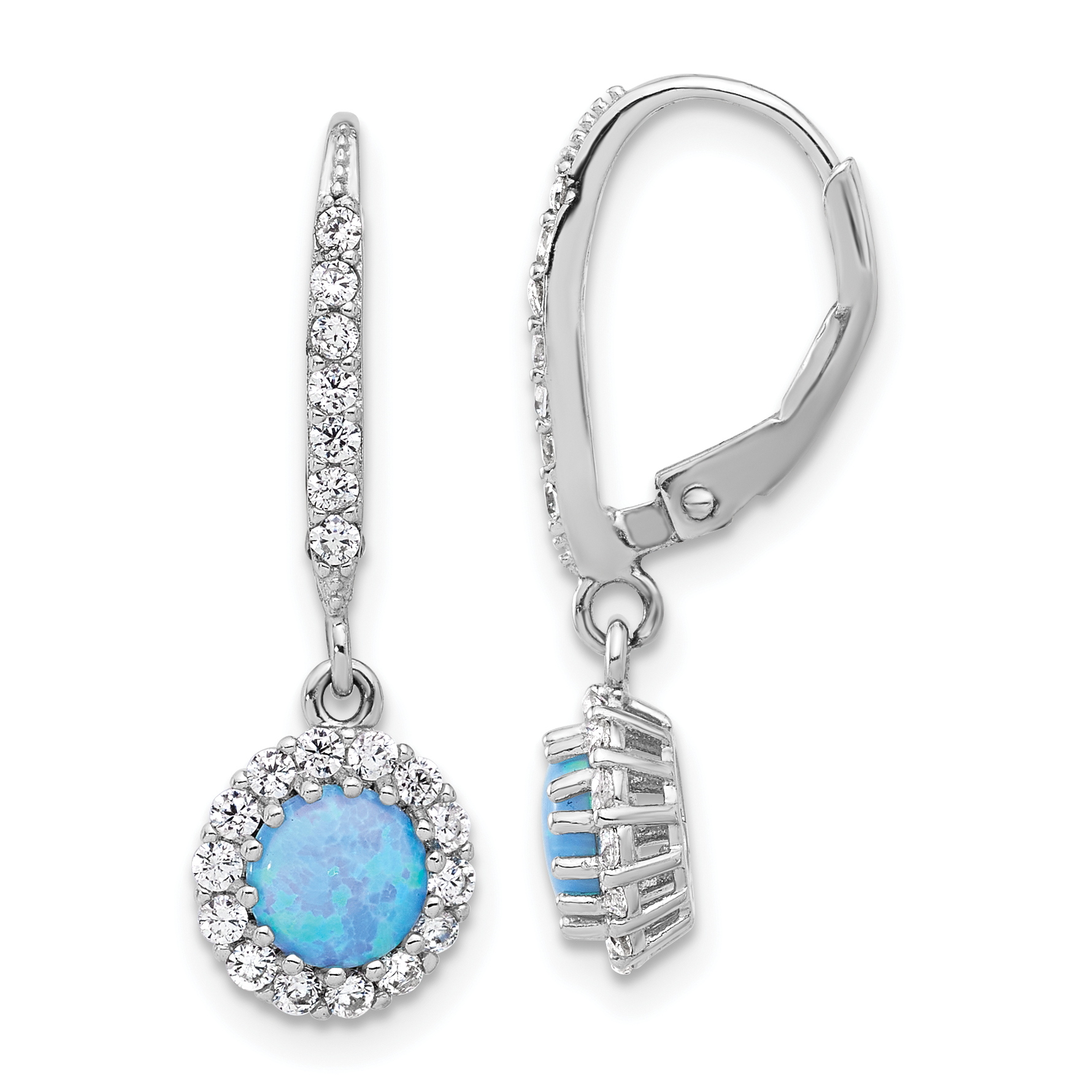 Sterling Silver RH-plated CZ & Blue Cr. Opal Halo Dangle Leverback Earrings (QE17450)