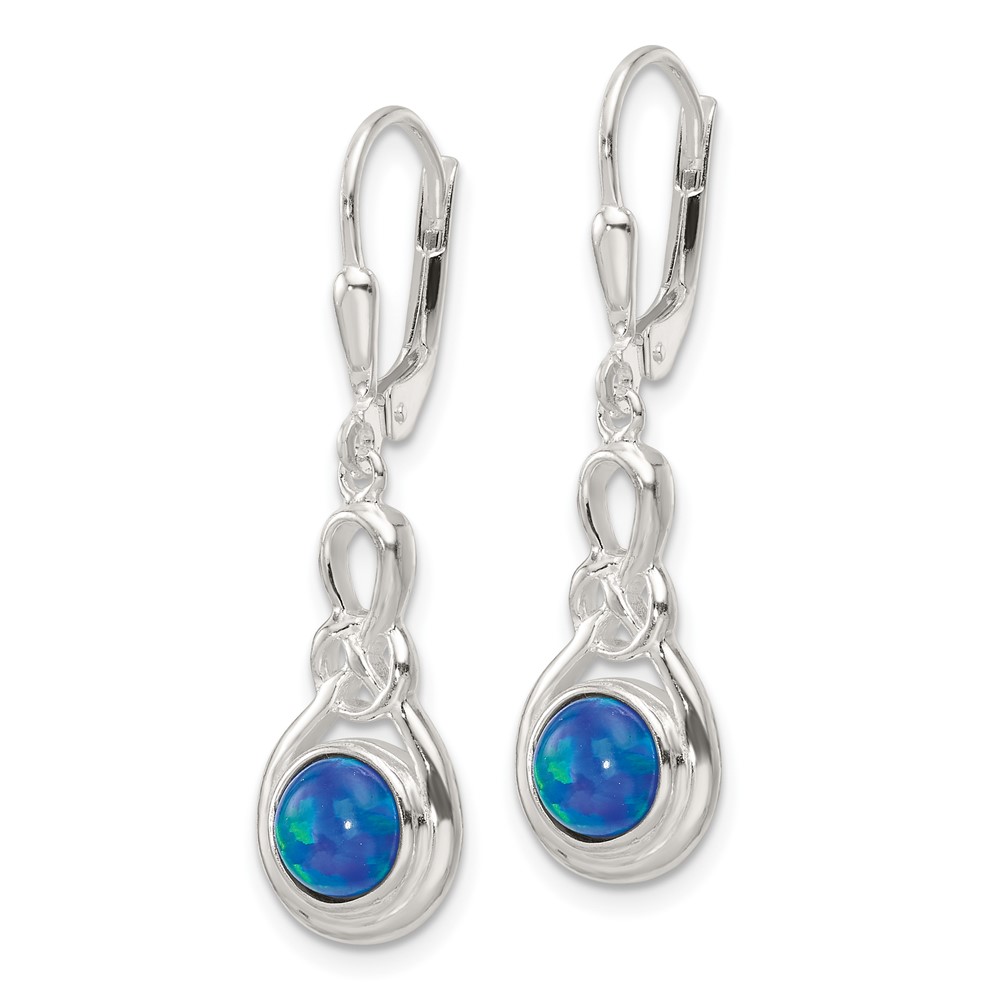 Sterling Silver Polished Blue Opal Knot Leverback Dangle Earrings (QE17451)