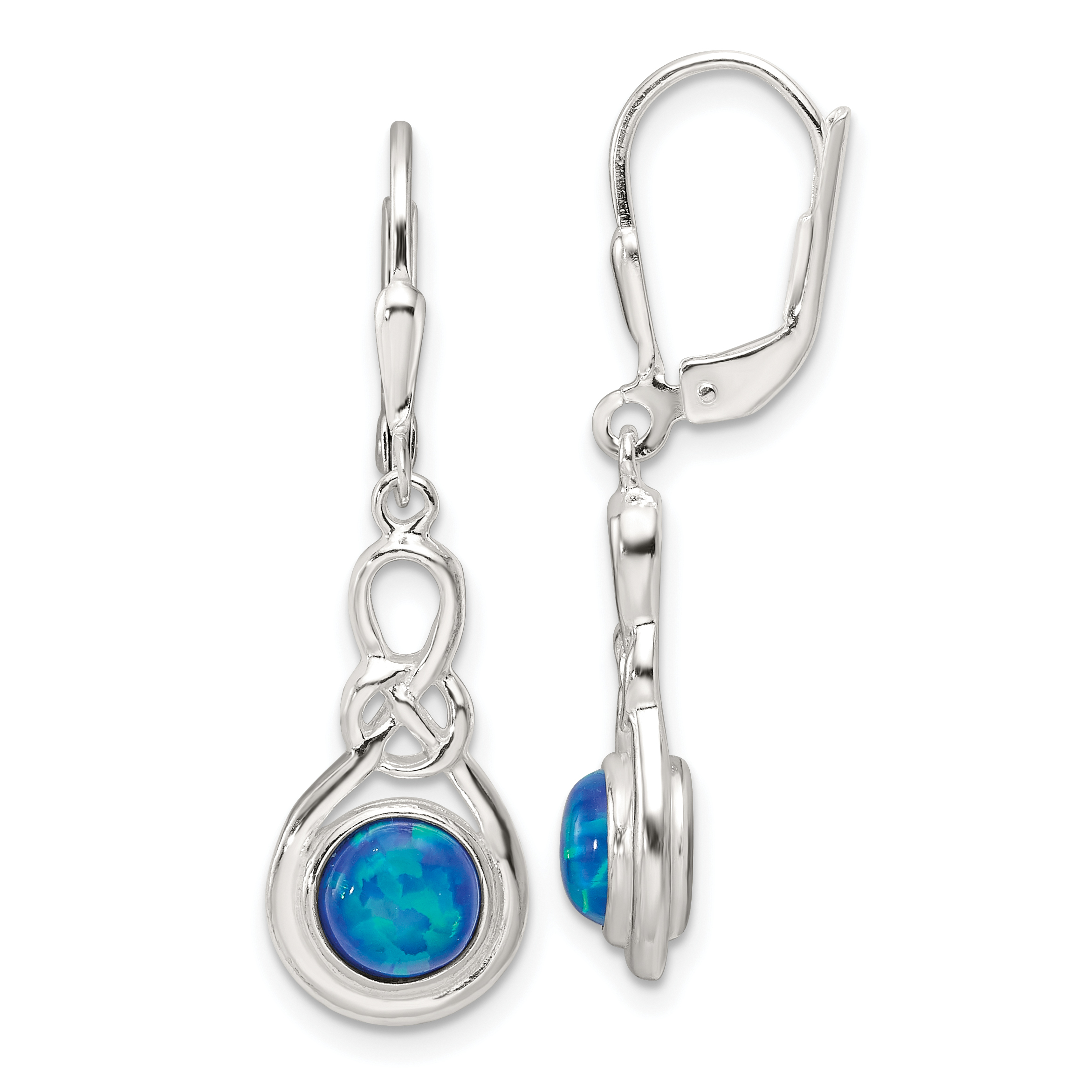 Sterling Silver Polished Blue Opal Knot Leverback Dangle Earrings (QE17451)