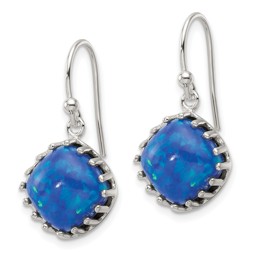 Sterling Silver Polished Blue Cabochon Opal Cushion Dangle Earrings (QE17452)