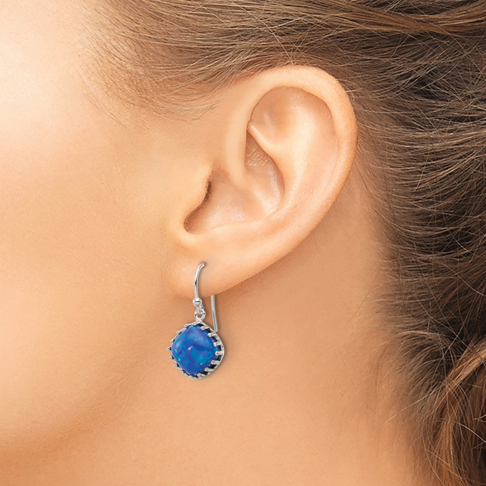 Sterling Silver Polished Blue Cabochon Opal Cushion Dangle Earrings (QE17452)