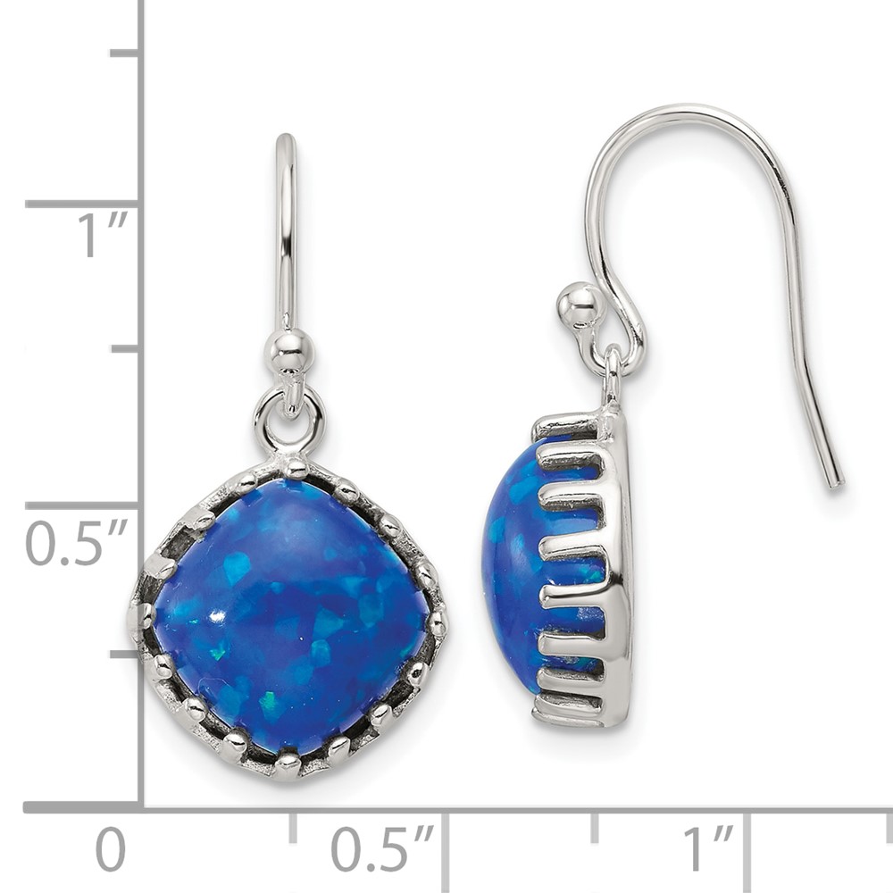 Sterling Silver Polished Blue Cabochon Opal Cushion Dangle Earrings (QE17452)