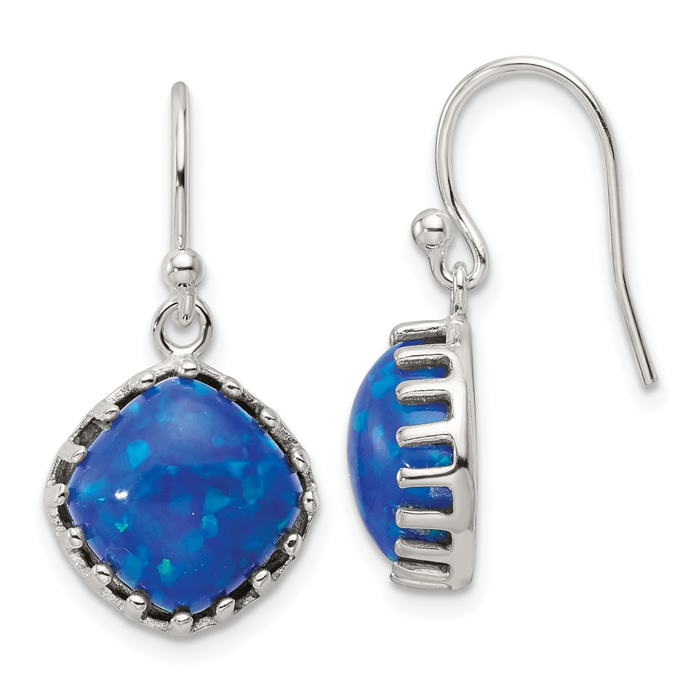 Sterling Silver Polished Blue Cabochon Opal Cushion Dangle Earrings (QE17452)