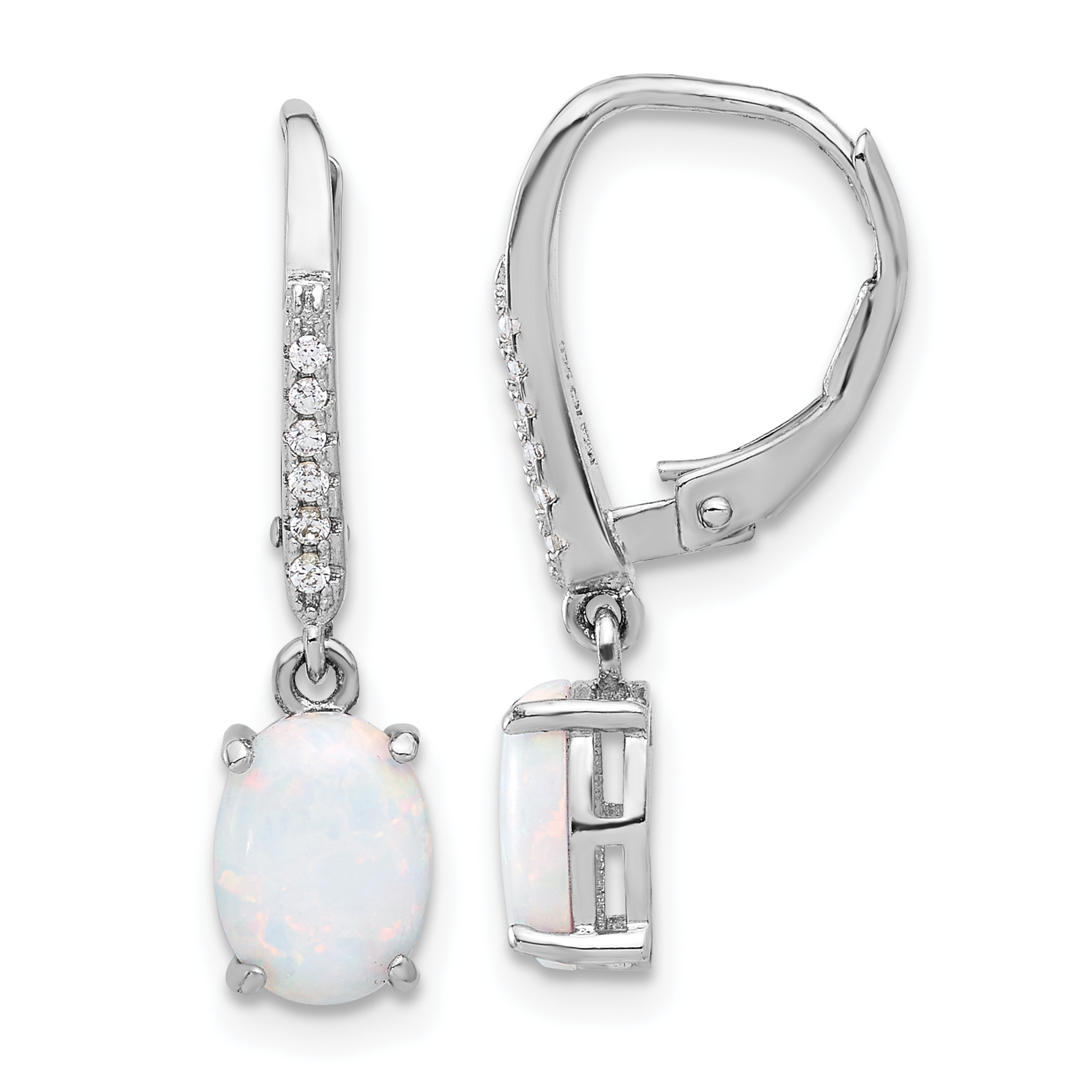 Sterling Silver RH-plated CZ & Oval Cr. Opal Leverback Dangle Earrings (QE17453)