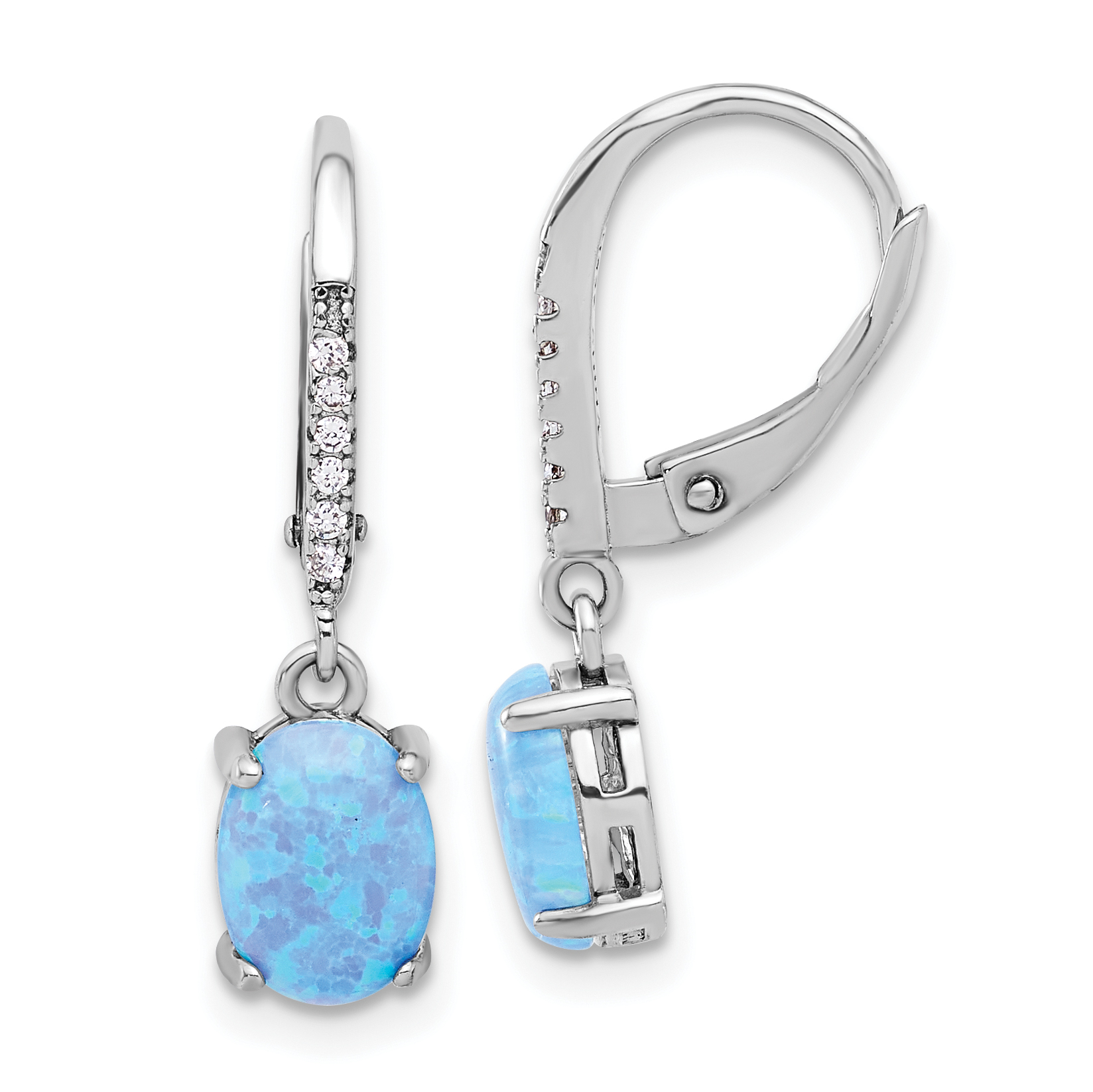 Sterling Silver RH-plated CZ & Oval Blue Cr. Opal Leverback Dangle Earrings (QE17454)