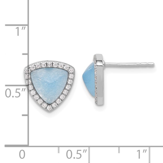 Sterling Silver Rhodium-plated CZ & Blue Chalcedony Triangle Post Earrings