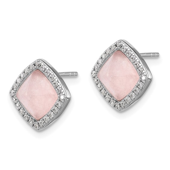 Sterling Silver Rhod-plated Polished CZ & Rose Quartz Square Post Earrings
