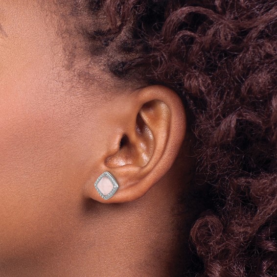 Sterling Silver Rhod-plated Polished CZ & Rose Quartz Square Post Earrings