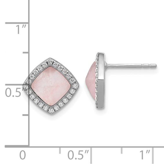 Sterling Silver Rhod-plated Polished CZ & Rose Quartz Square Post Earrings