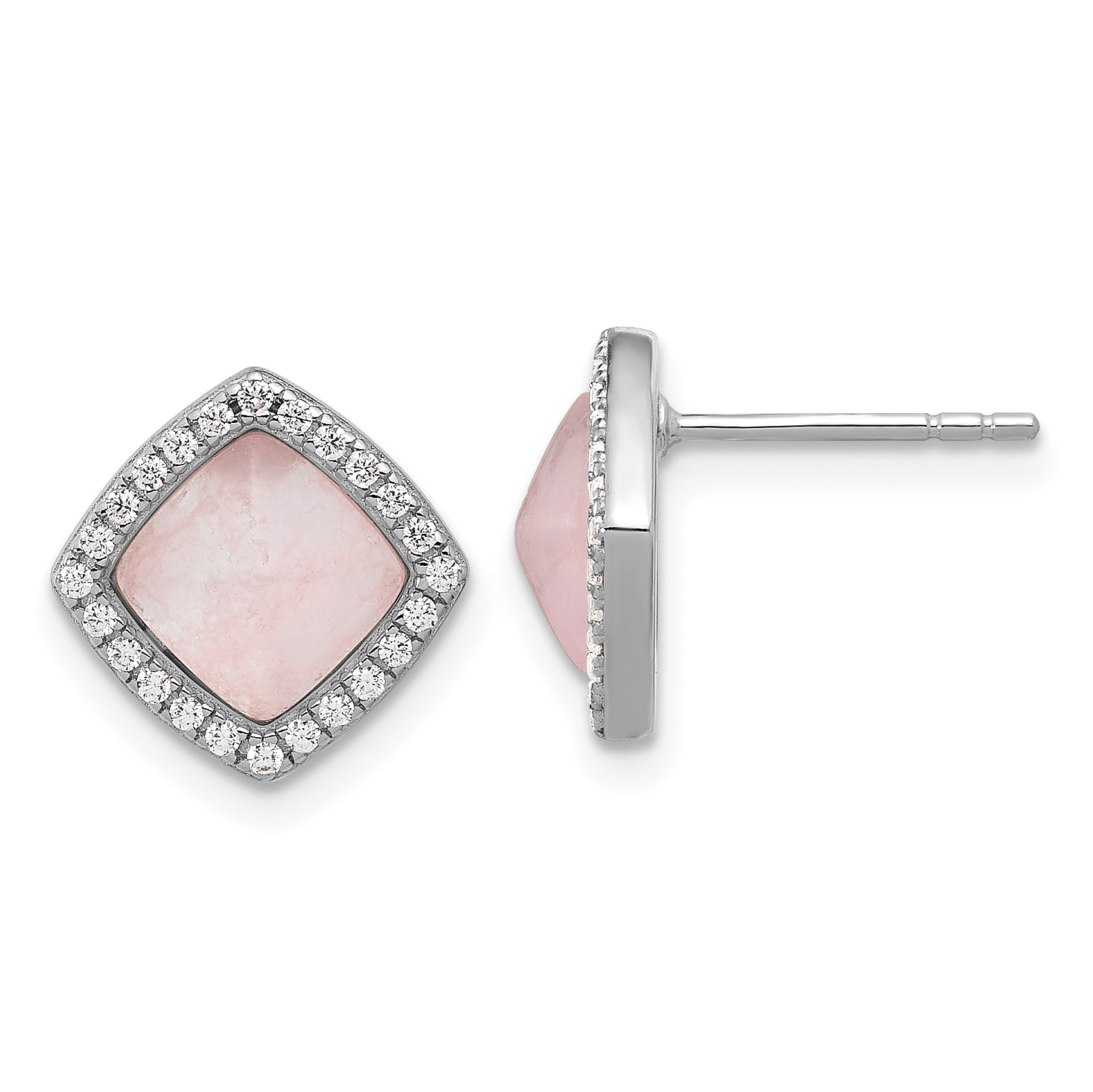 Sterling Silver Rhod-plated Polished CZ & Rose Quartz Square Post Earrings (QE17463)