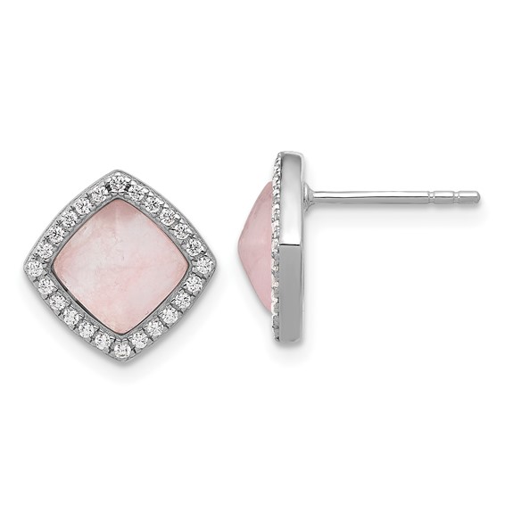 Sterling Silver Rhod-plated Polished CZ & Rose Quartz Square Post Earrings
