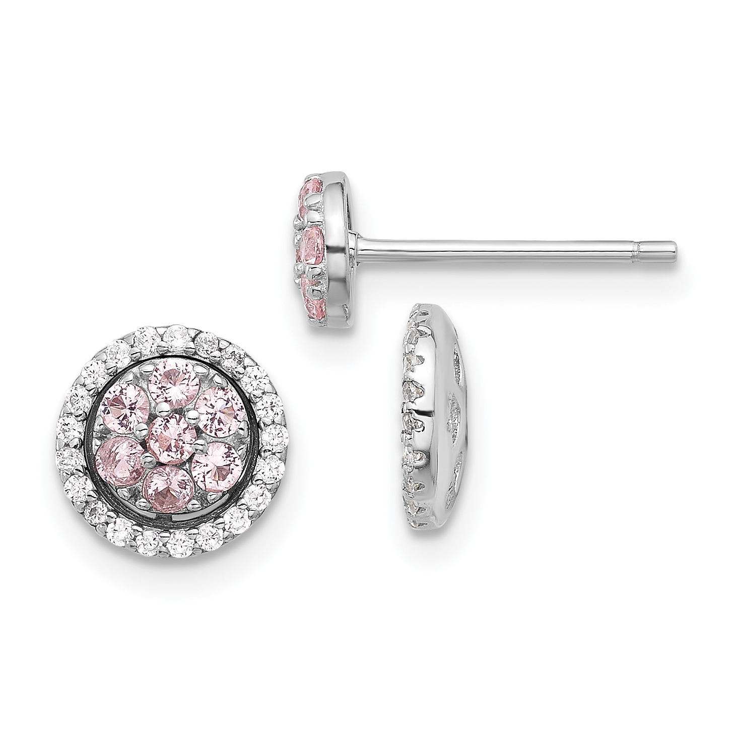 Sterling Silver RH-pltd Pink Crystal Cluster w/ CZ Halo Jacket Post Earring (QE17464)