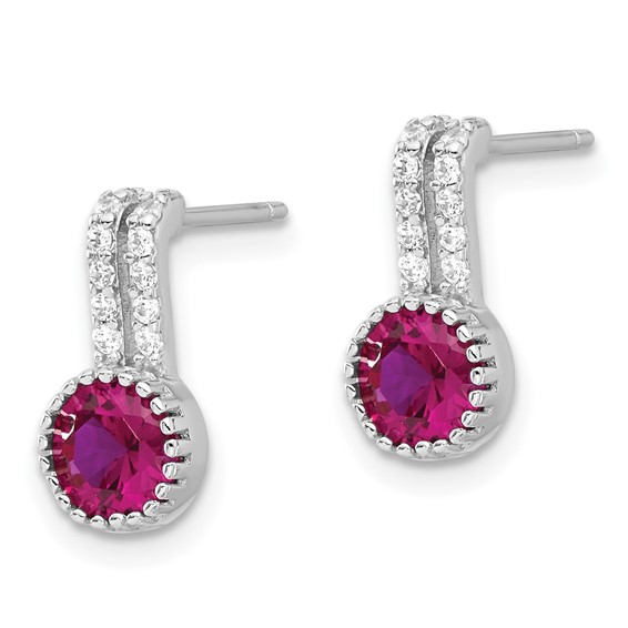 Sterling Silver RH-plated Polished Two Row Red & White CZ Post Earrings