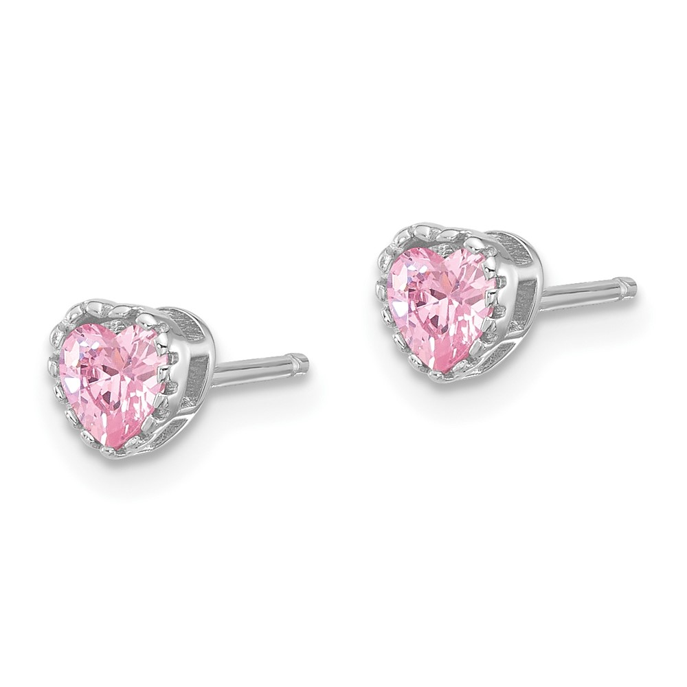 Sterling Silver Rhodium-plated Pink CZ Heart Post Earrings (QE17499)