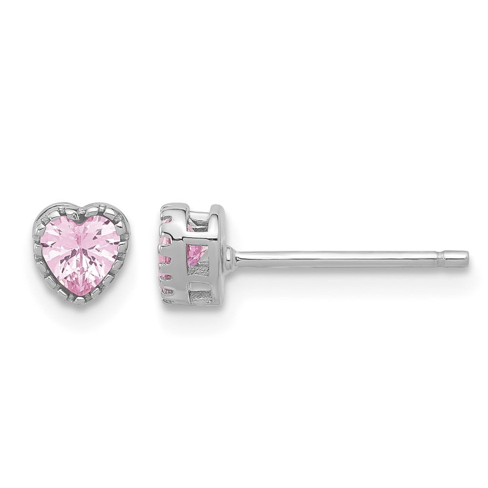 Sterling Silver Rhodium-plated Pink CZ Heart Post Earrings (QE17499)