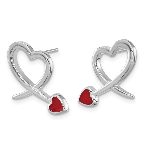 Sterling Silver Rhodium-plated Polished Red Resin Open Heart Post Earrings