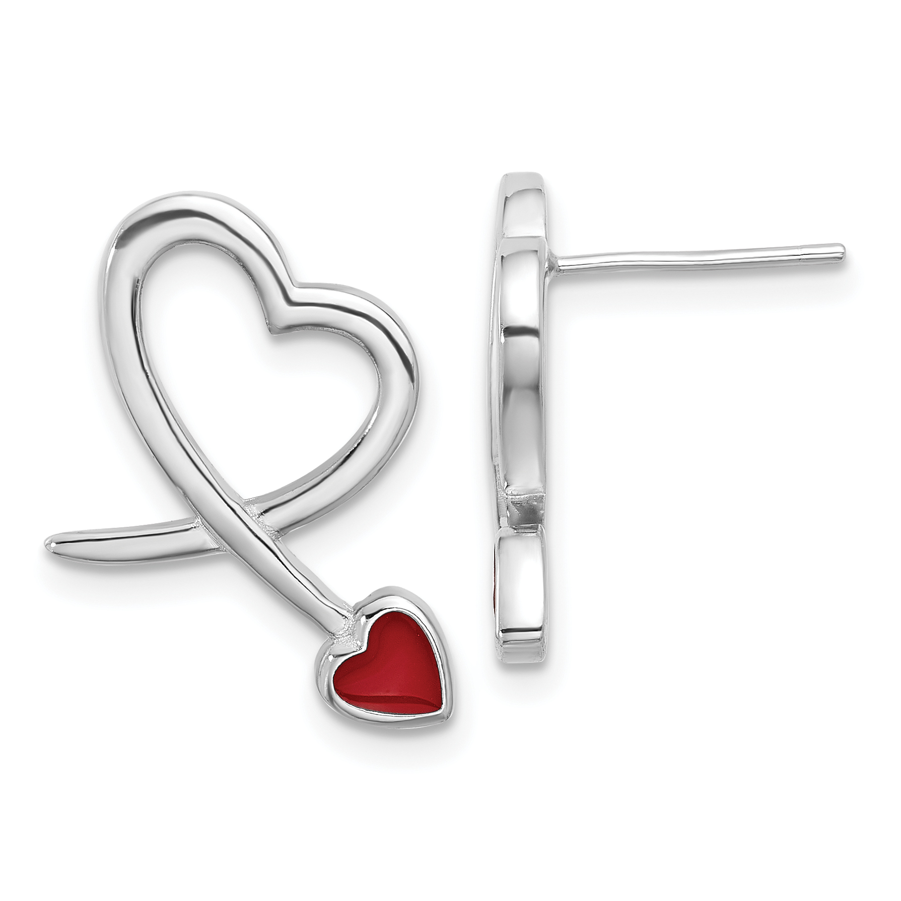 Sterling Silver Rhodium-plated Polished Red Resin Open Heart Post Earrings (QE17501)