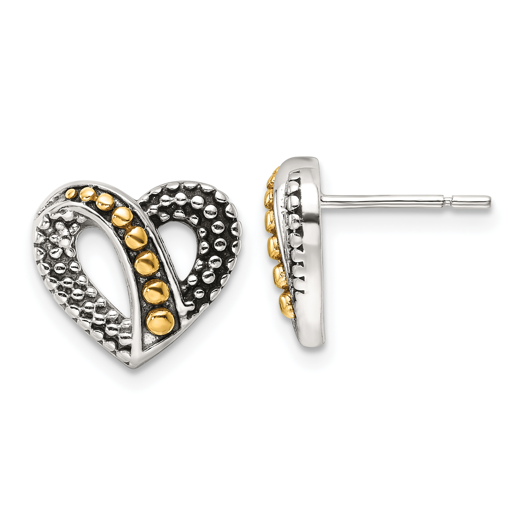 Sterling Silver Gold-tone Antiqued & Beaded Heart Earrings (QE17502)