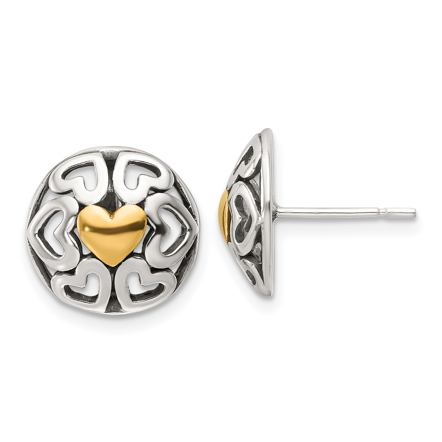 Sterling Silver Gold-tone Polished & Antiqued Heart Circle Post Earrings (QE17503)