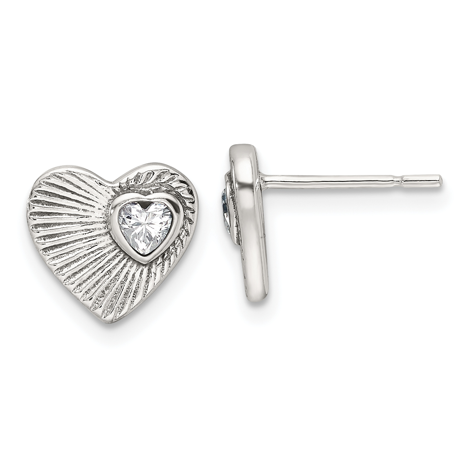 Sterling Silver Polished and Antiqued Textured CZ Heart Earrings (QE17506)