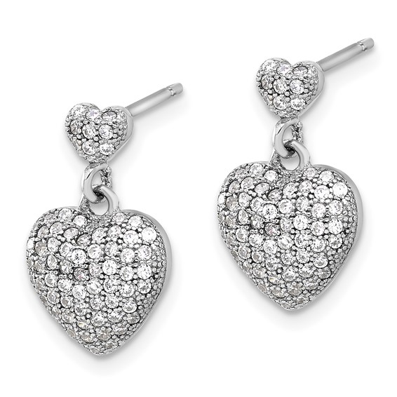 Sterling Silver Rhodium-plated Pave CZ Heart Dangle Post Earrings