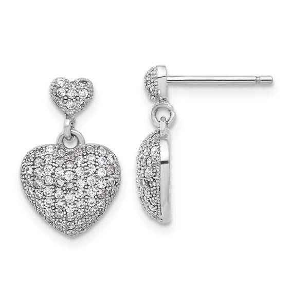 Sterling Silver Rhodium-plated Pave CZ Heart Dangle Post Earrings