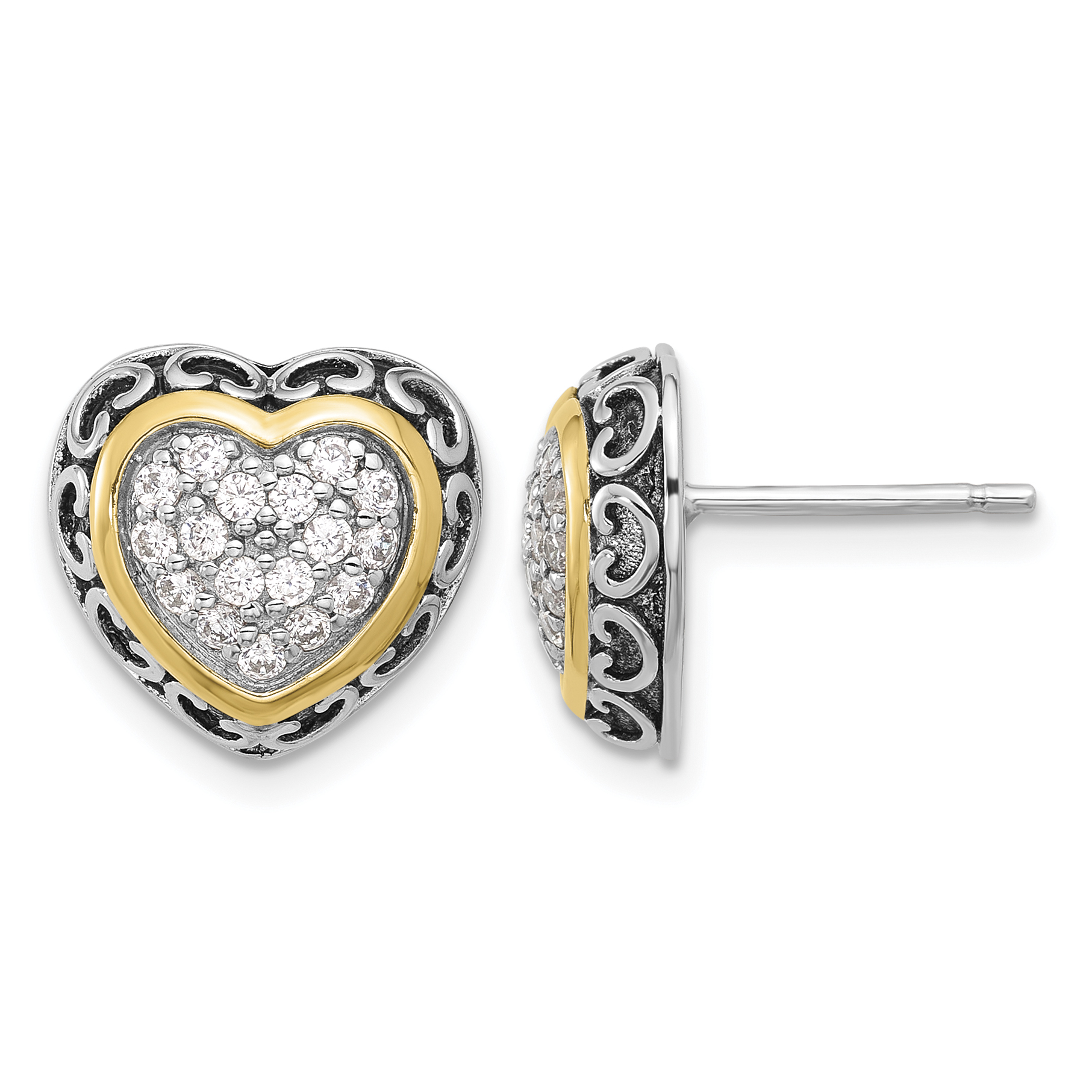 Sterling Silver Rh-plated  w/14k accent CZ Cluster Heart Post Earrings (QE17512)