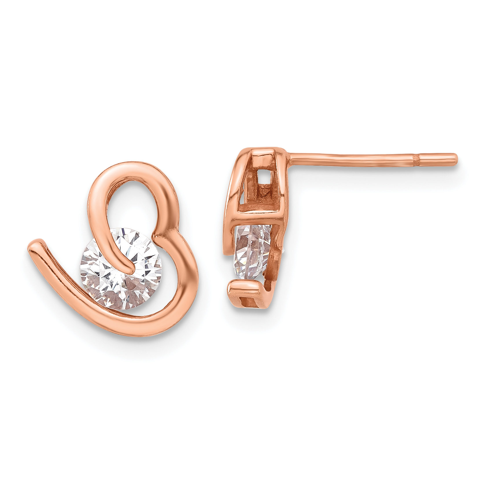 Sterling Silver Rose Tone Heart and CZ Post Earrings (QE17513RP)