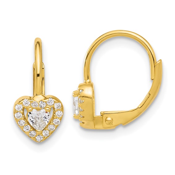 Sterling Silver Gold-tone CZ Heart Leverback Earrings