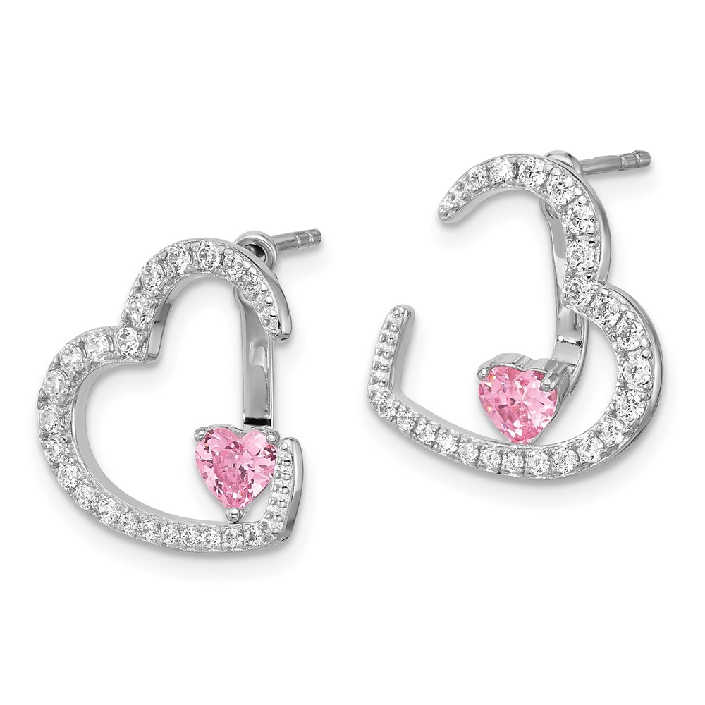 Sterling Silver Rh-plated White and Pink CZ Heart w/ Jacket Post Earrings (QE17516)