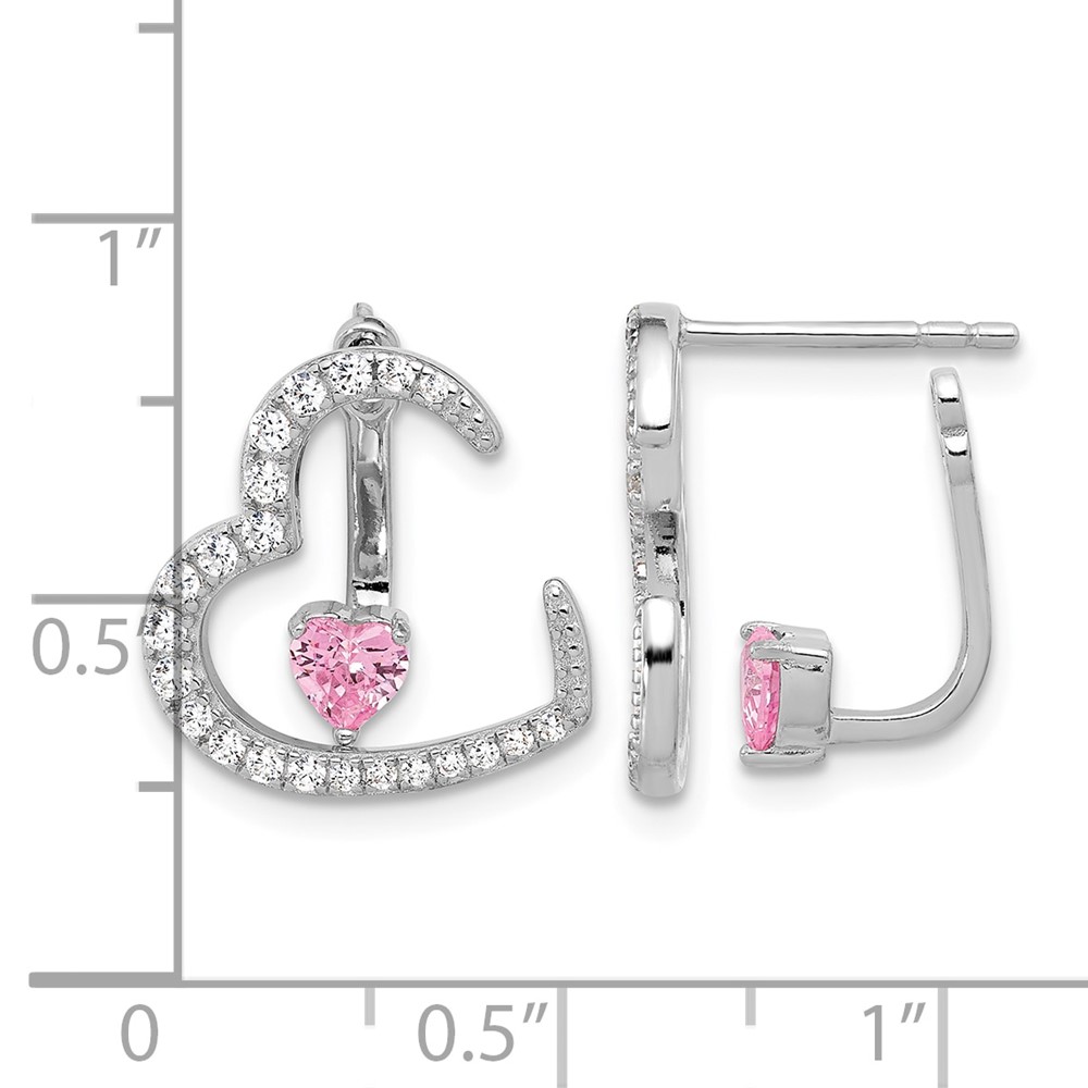 Sterling Silver Rh-plated White and Pink CZ Heart w/ Jacket Post Earrings (QE17516)