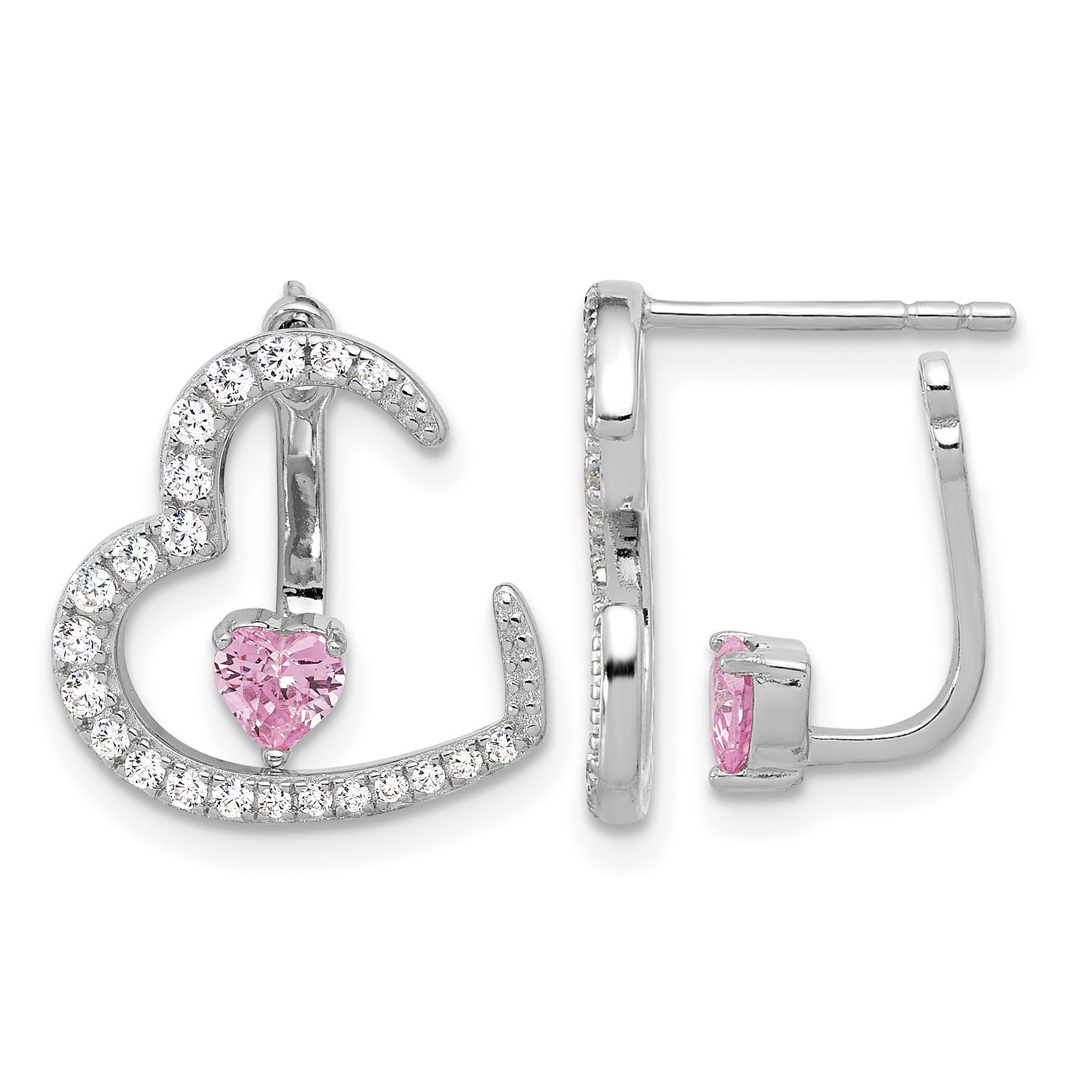 Sterling Silver Rh-plated White and Pink CZ Heart w/ Jacket Post Earrings (QE17516)