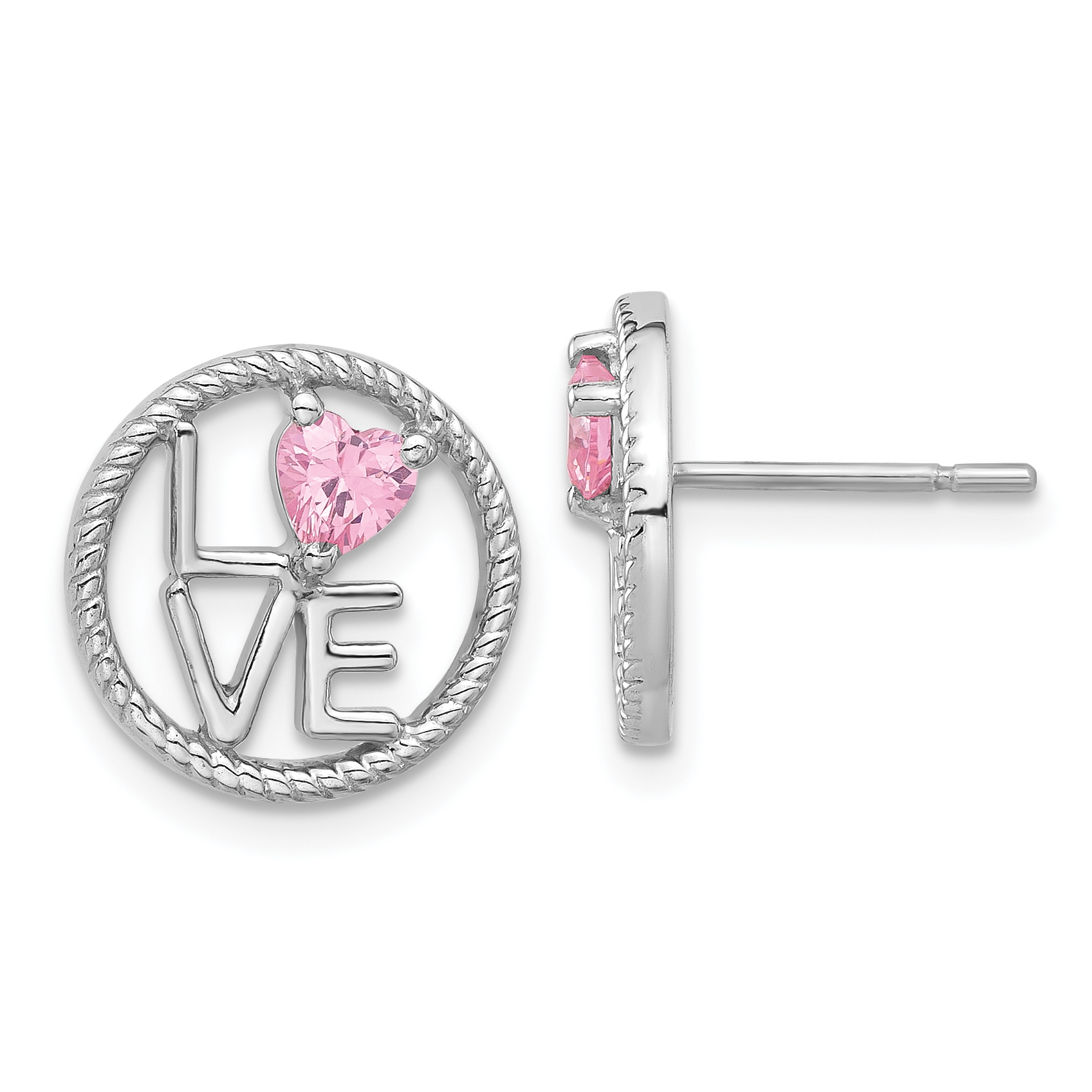 Sterling Silver Rhodium-plated LOVE Pink CZ Post Earrings (QE17518)